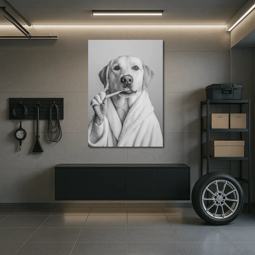 Labrador Dog Brushing Teeth Black White – Wall Art