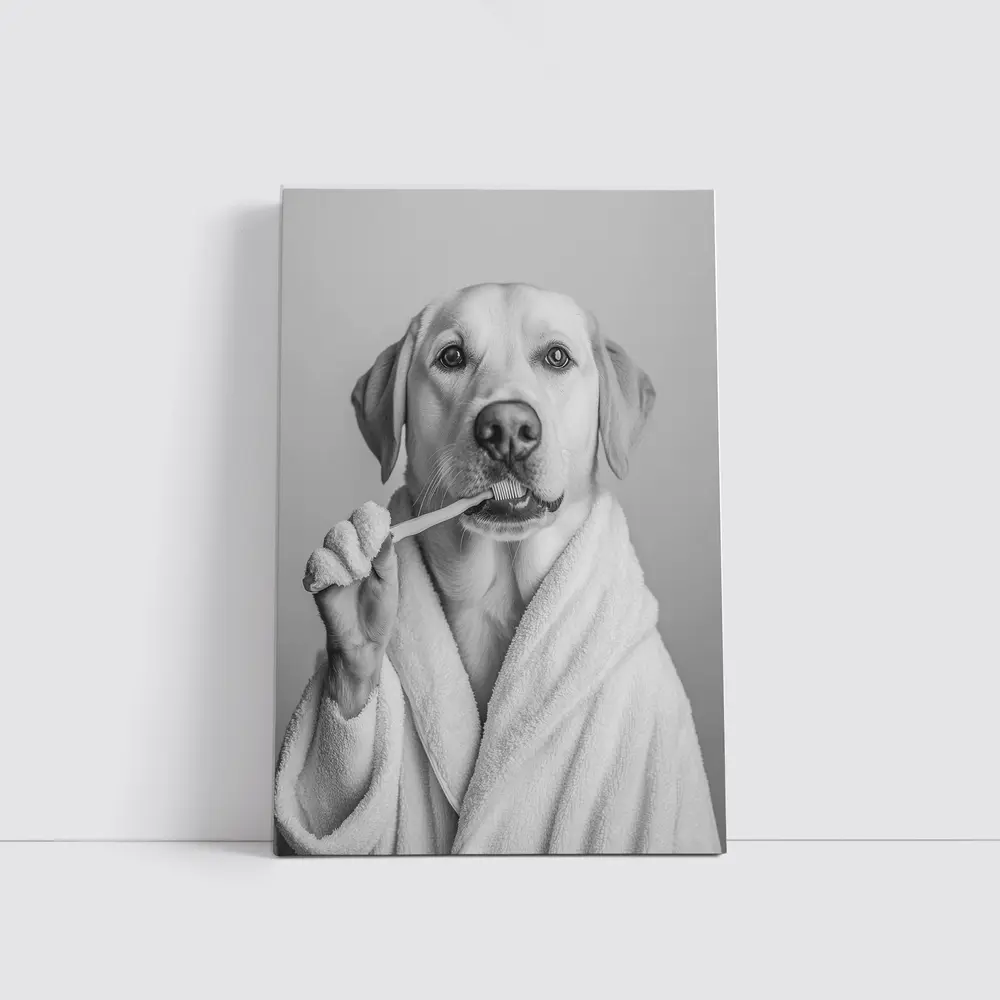 Labrador Dog Brushing Teeth Black White – Wall Art