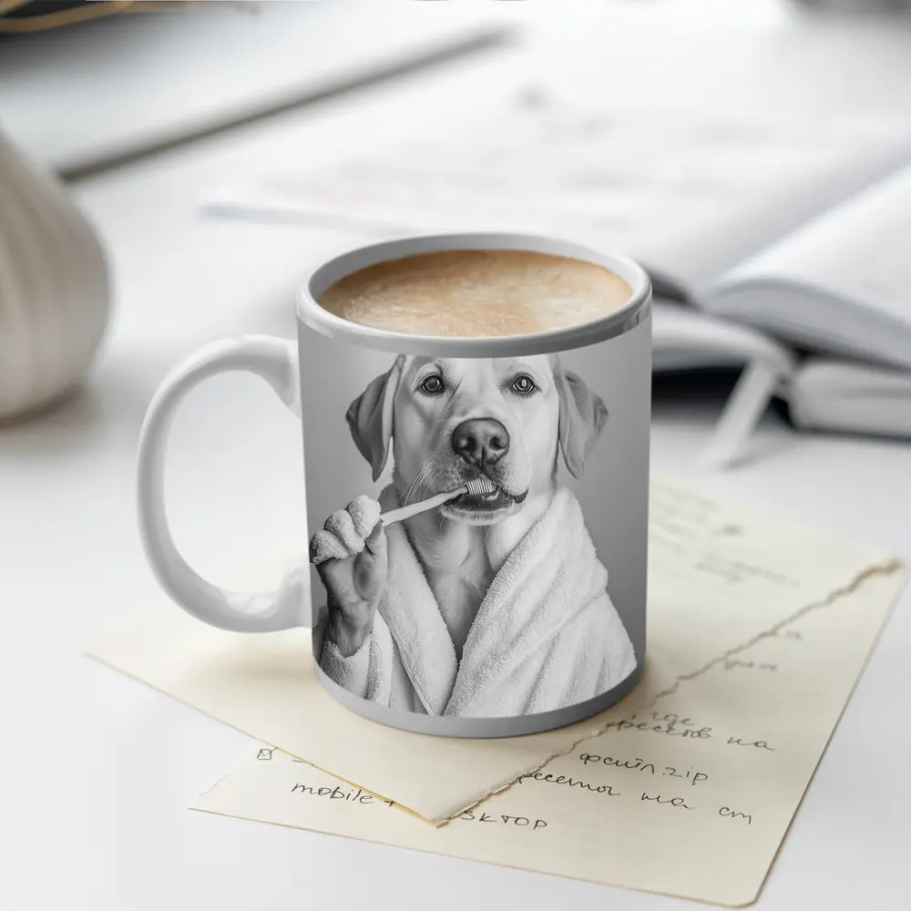 Labrador Dog Brushing Teeth Black White – Mugs