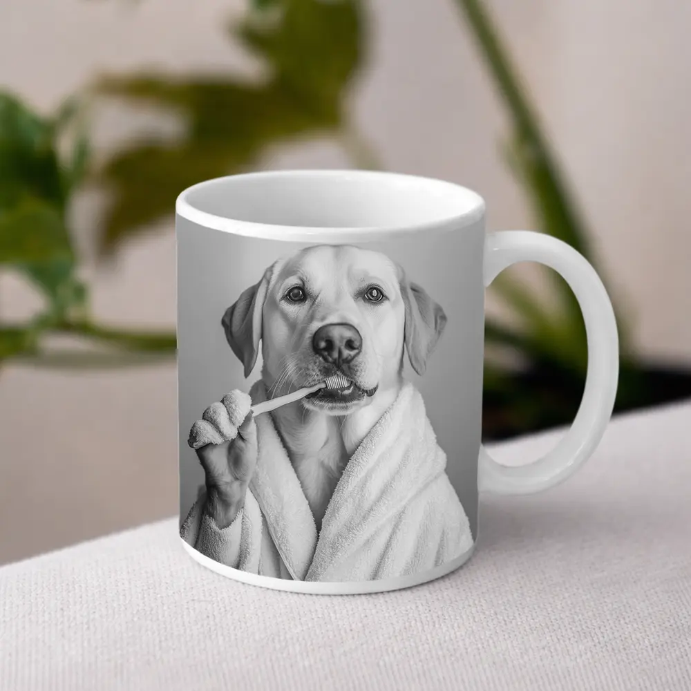 Labrador Dog Brushing Teeth Black White – Mugs