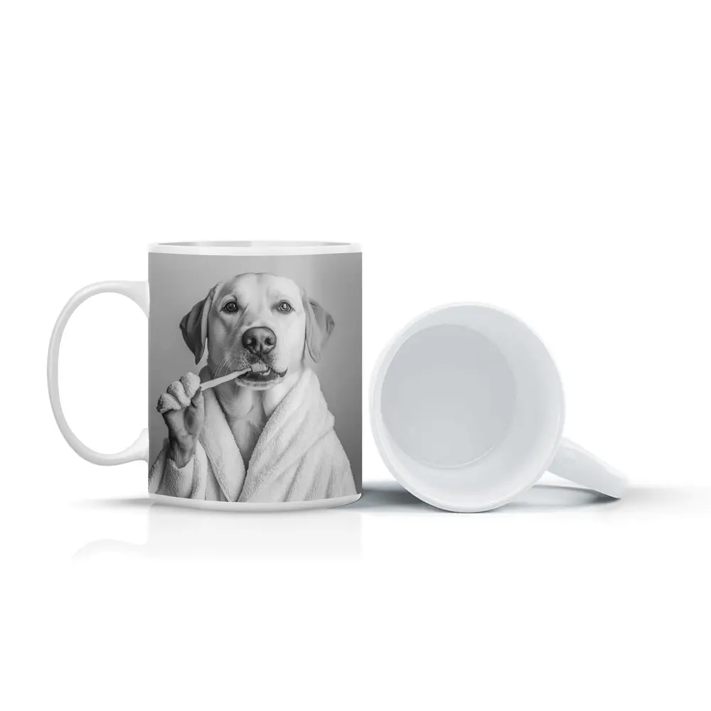 Labrador Dog Brushing Teeth Black White – Mugs