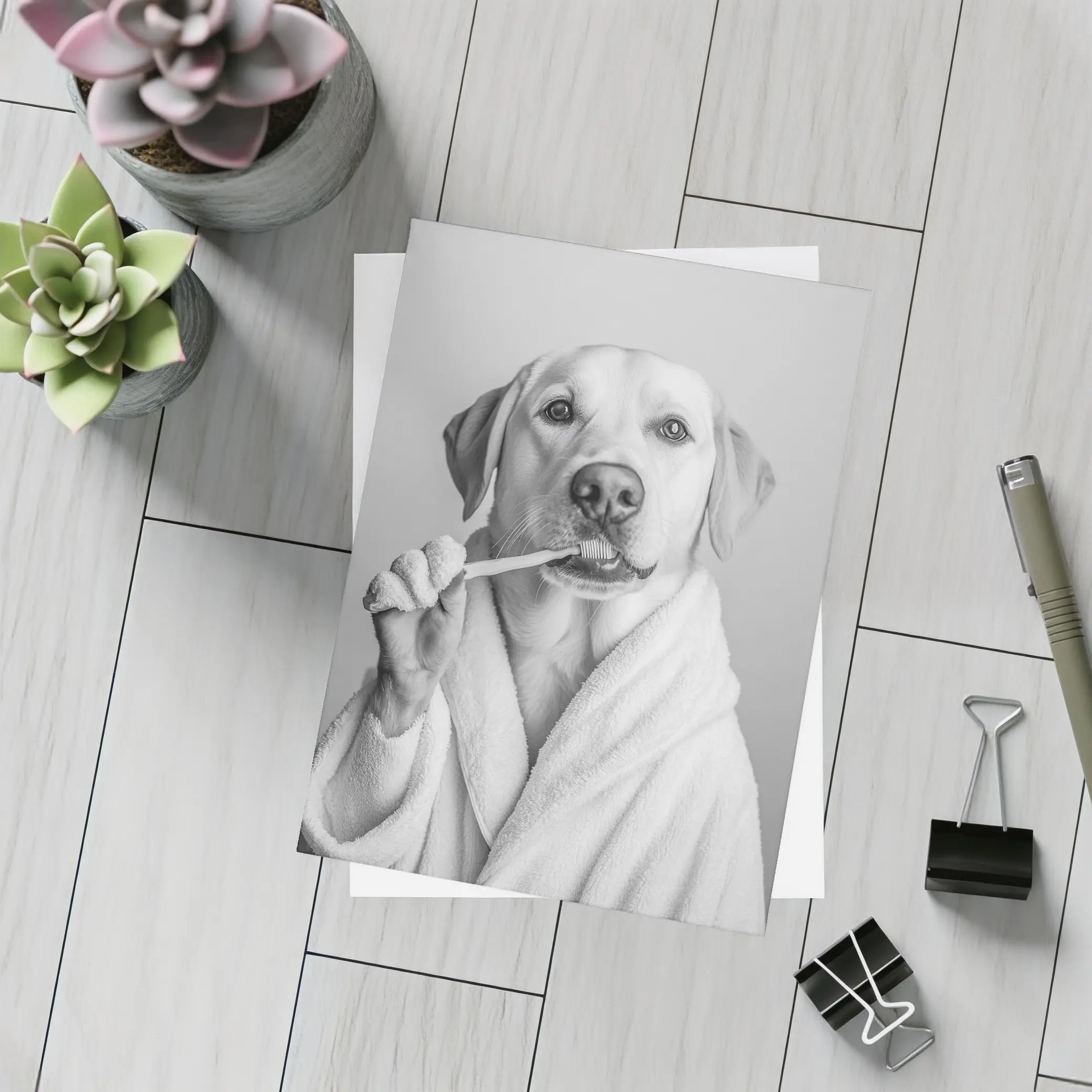 Labrador Dog Brushing Teeth Black White – Postcards