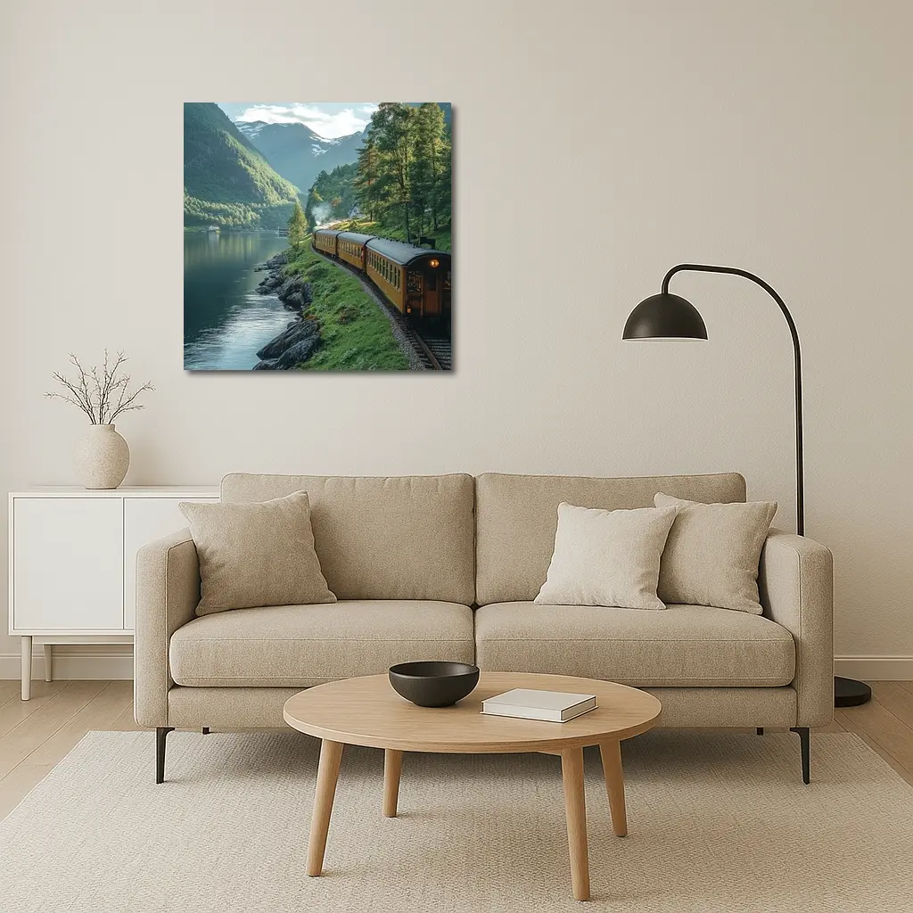 Vintage Train Running Along Mountain Fjord – Wall Art