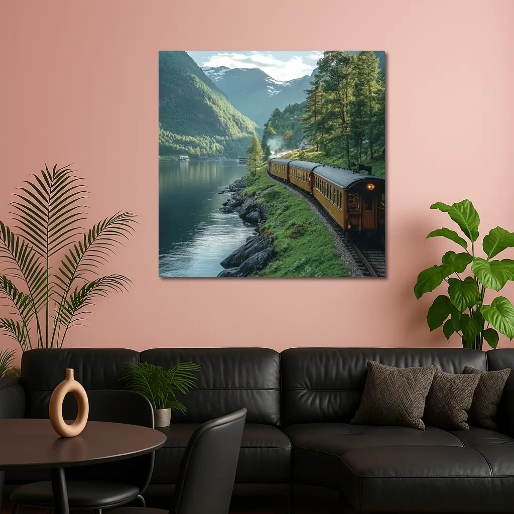 Vintage Train Running Along Mountain Fjord – Wall Art
