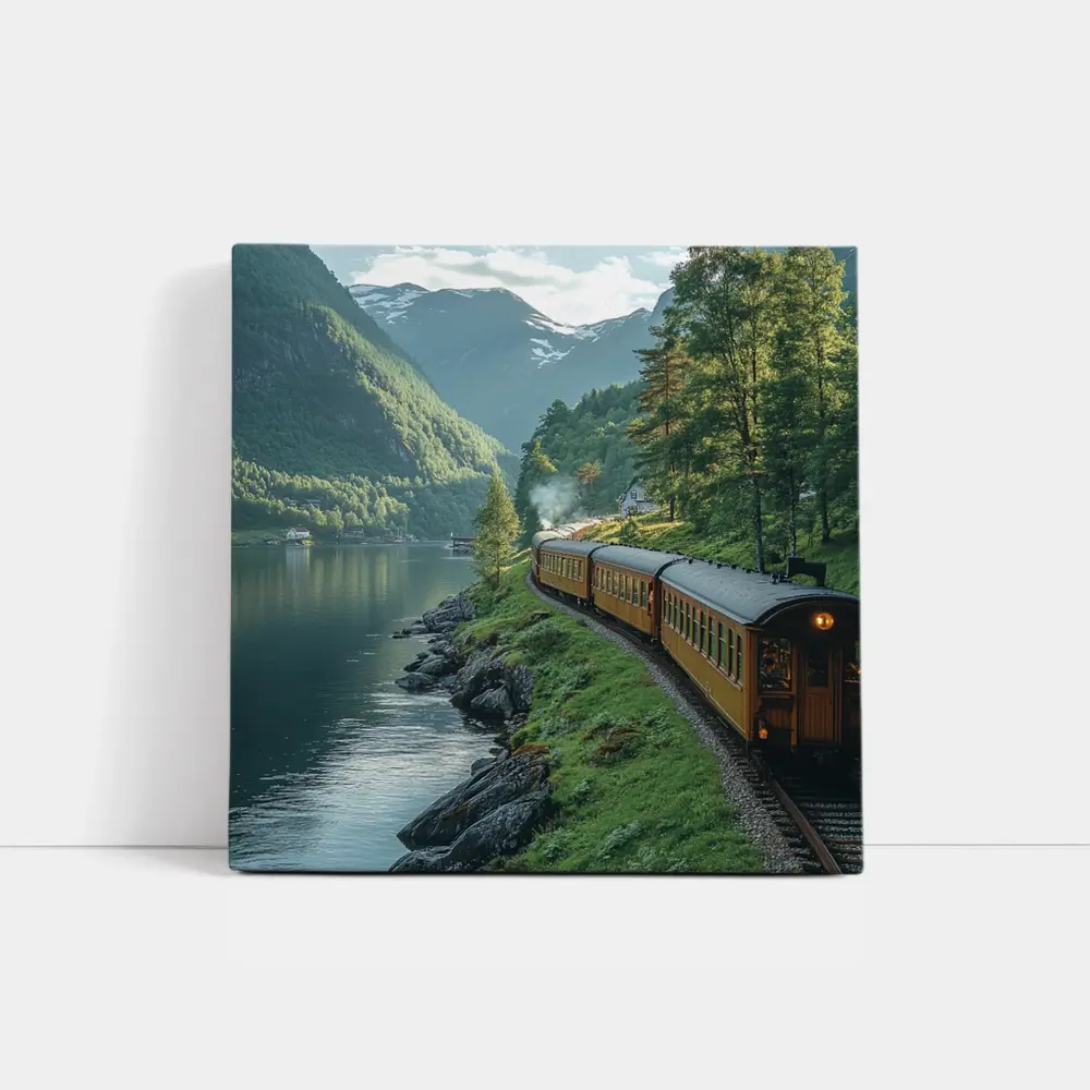 Vintage Train Running Along Mountain Fjord – Wall Art