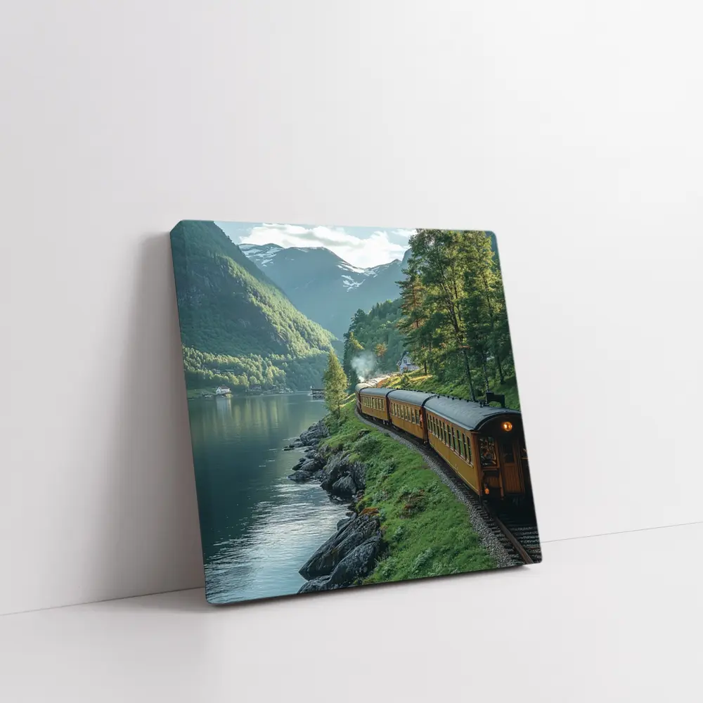 Vintage Train Running Along Mountain Fjord – Wall Art