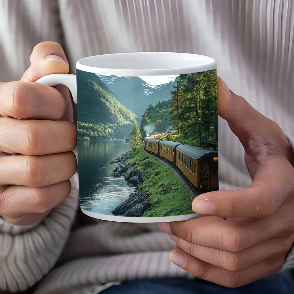 Vintage Train Running Along Mountain Fjord – Mugs