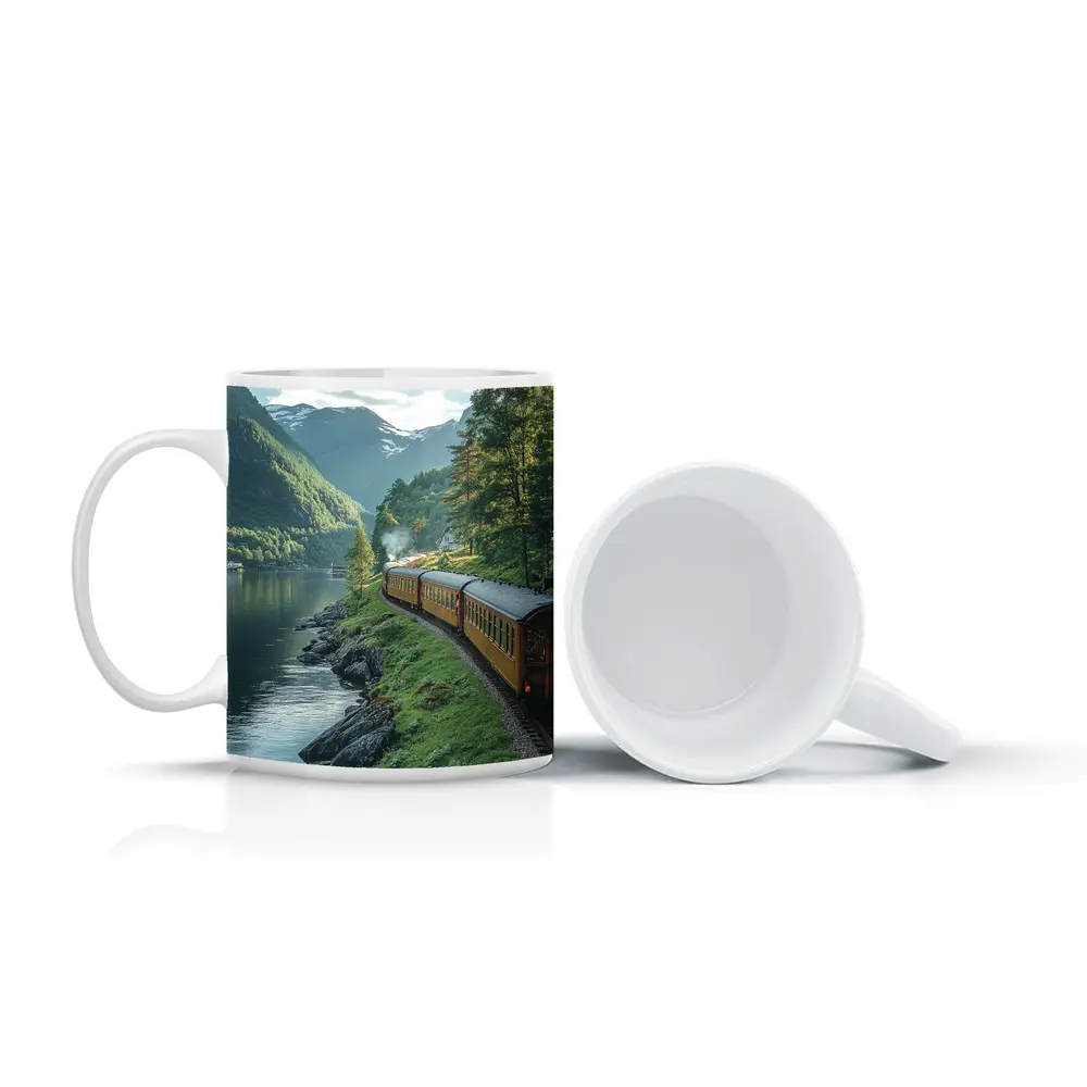 Vintage Train Running Along Mountain Fjord – Mugs