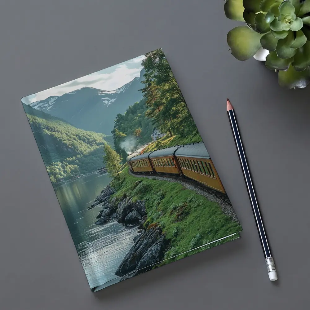 Vintage Train Running Along Mountain Fjord – Notebooks
