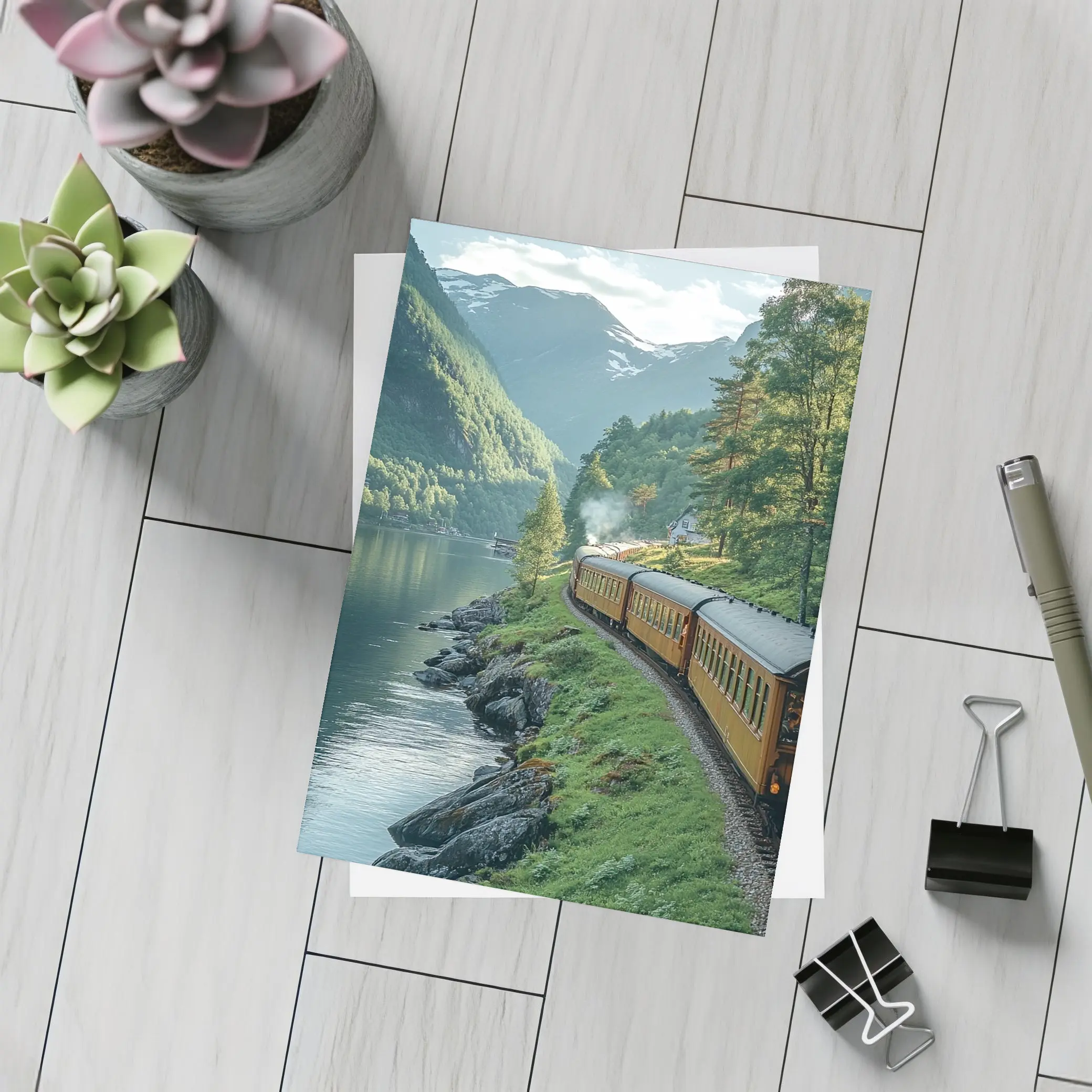 Vintage Train Running Along Mountain Fjord – Postcards
