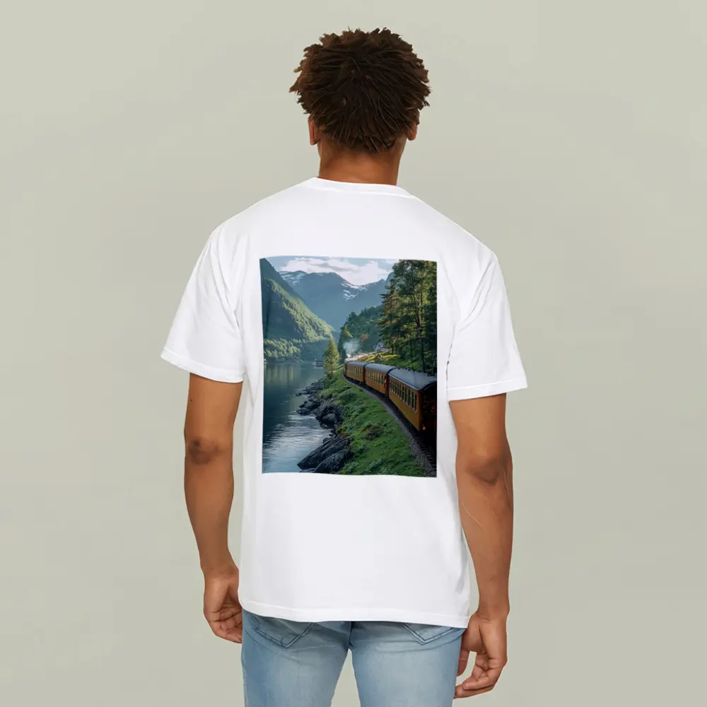 Vintage Train Running Along Mountain Fjord – T-Shirts