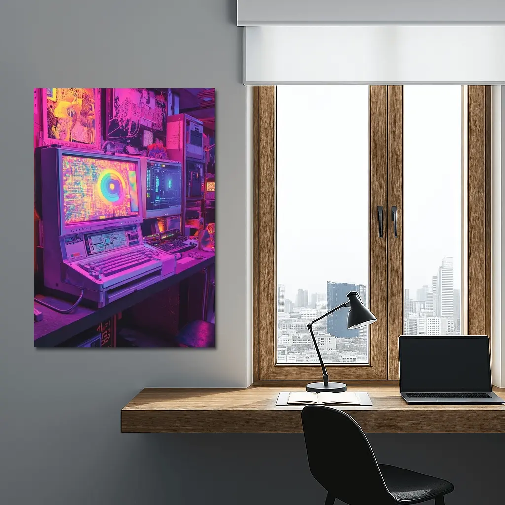Retro Computer Setup Neon Cyberpunk Room – Wall Art
