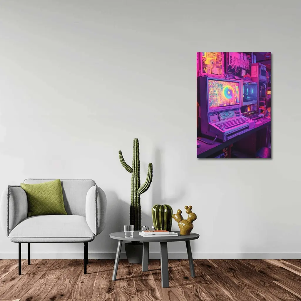 Retro Computer Setup Neon Cyberpunk Room – Wall Art