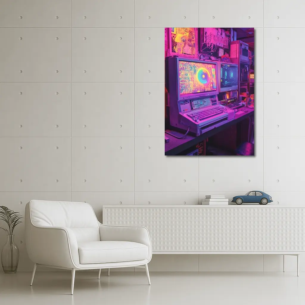 Retro Computer Setup Neon Cyberpunk Room – Wall Art
