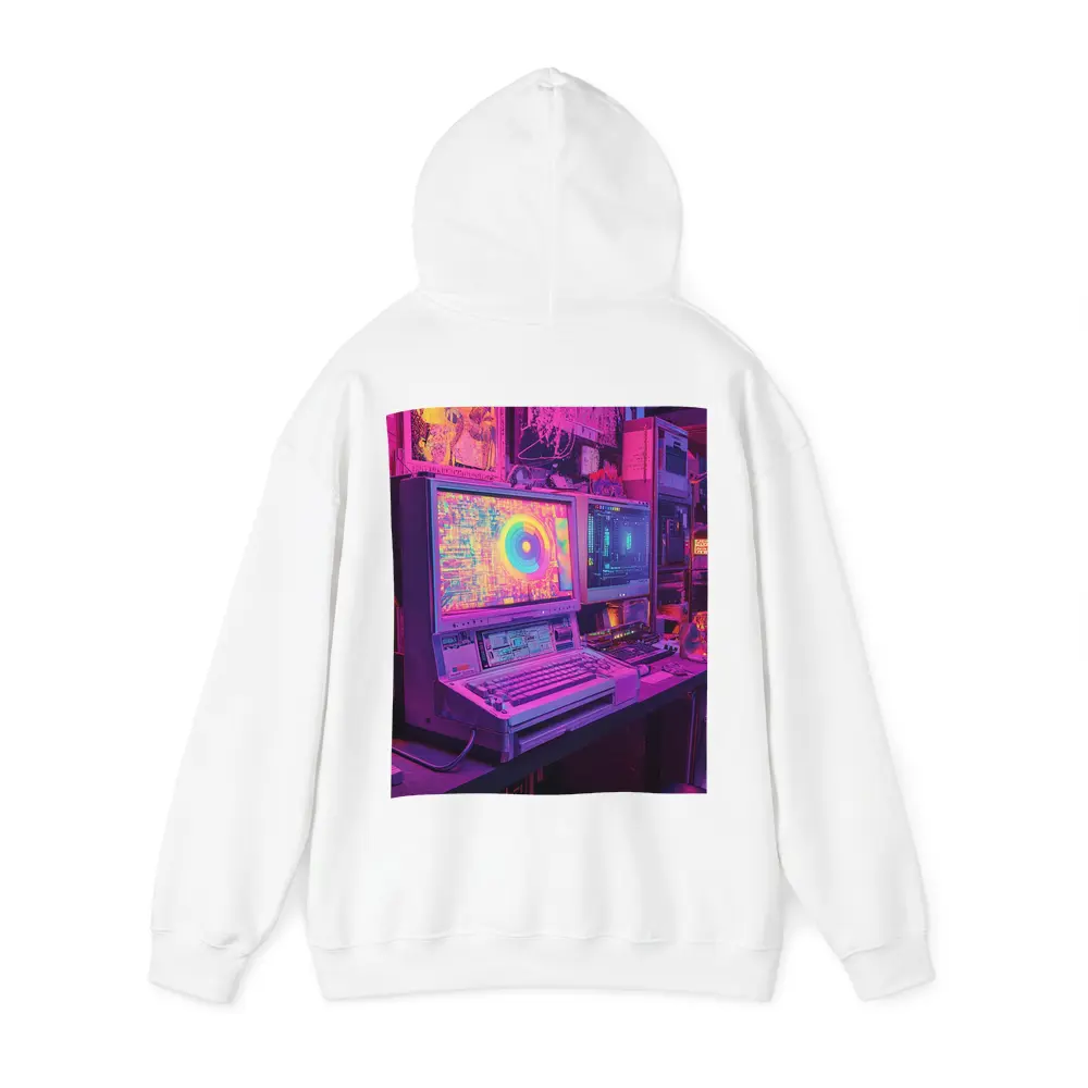 Retro Computer Setup Neon Cyberpunk Room – Hoodies