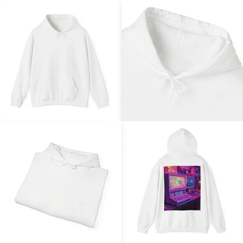 Retro Computer Setup Neon Cyberpunk Room – Hoodies