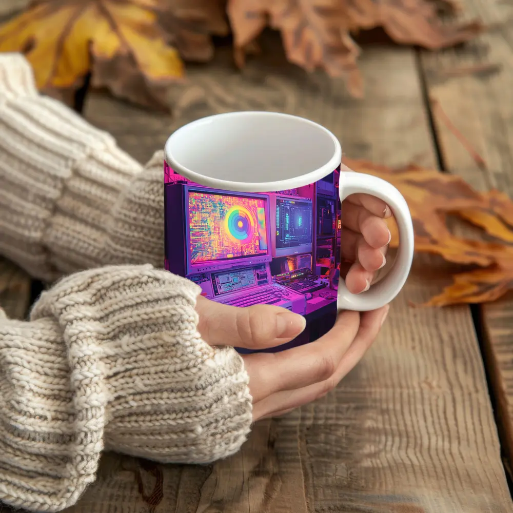 Retro Computer Setup Neon Cyberpunk Room – Mugs