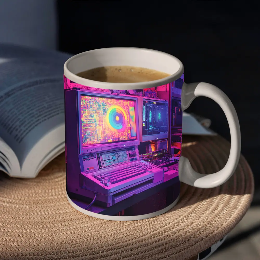 Retro Computer Setup Neon Cyberpunk Room – Mugs