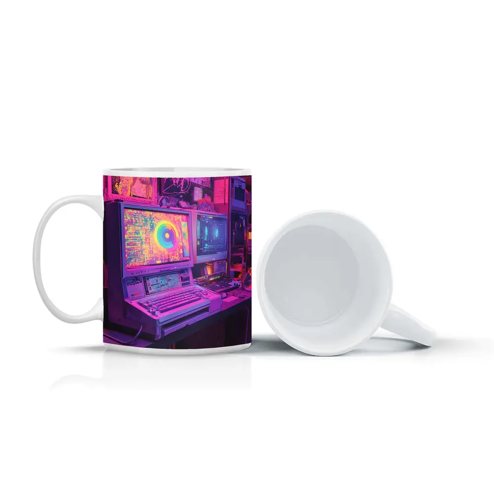 Retro Computer Setup Neon Cyberpunk Room – Mugs