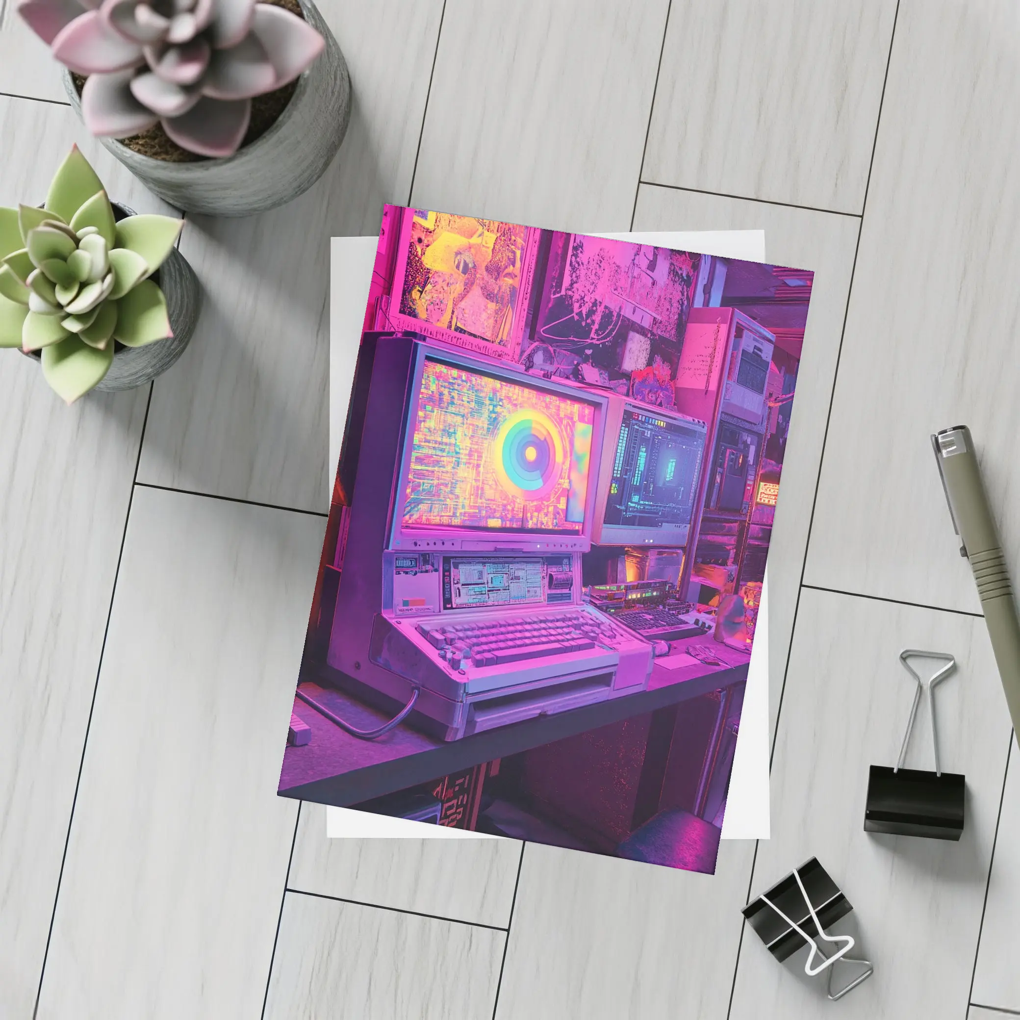Retro Computer Setup Neon Cyberpunk Room – Postcards