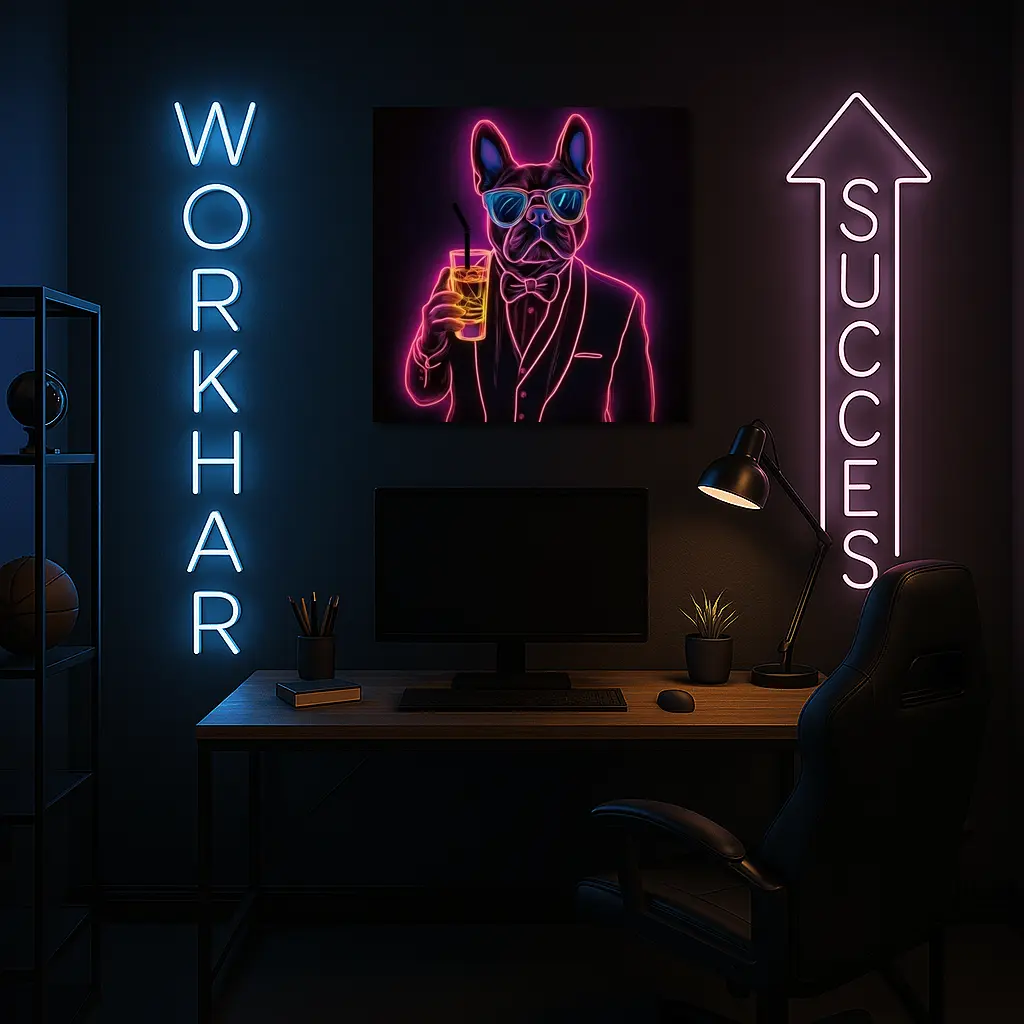 Neon French Bulldog Suit Sunglasses Dark Background – Wall Art