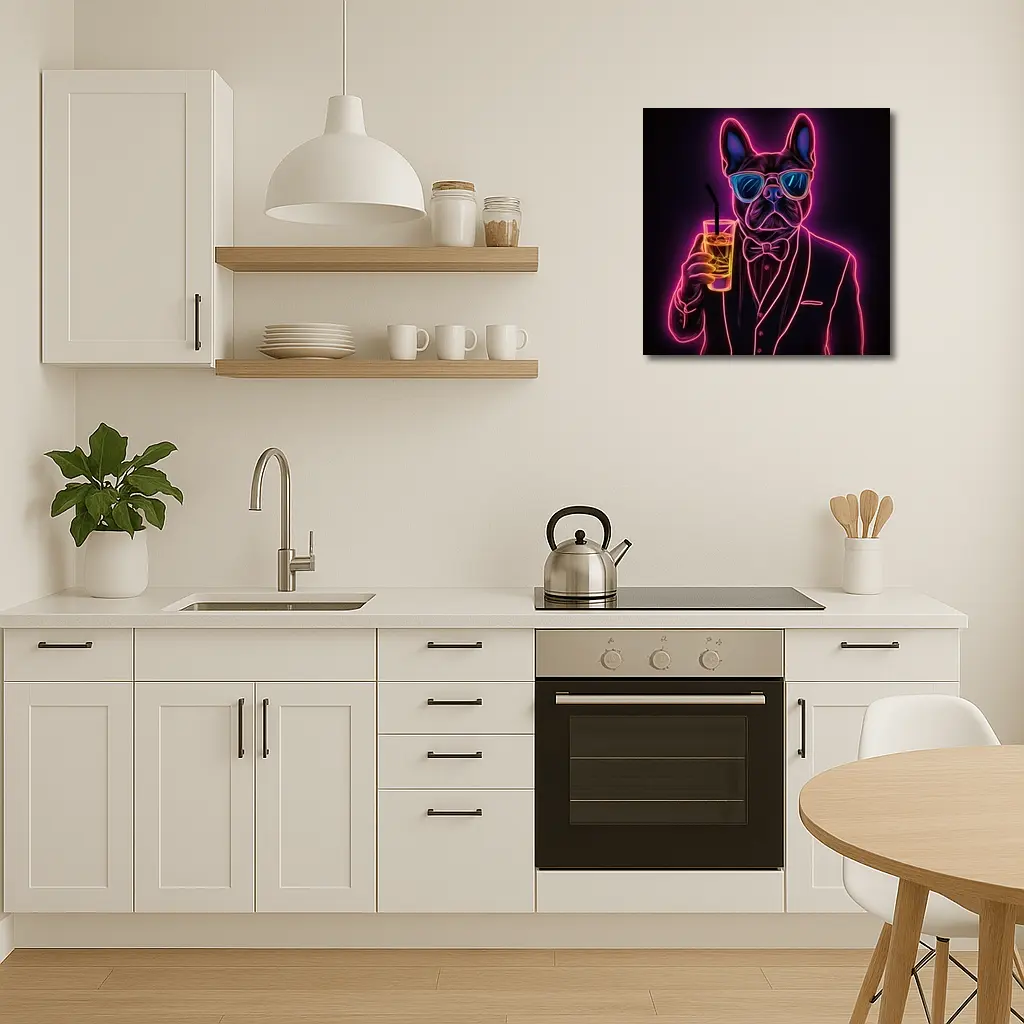 Neon French Bulldog Suit Sunglasses Dark Background – Wall Art