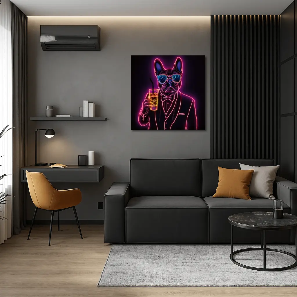 Neon French Bulldog Suit Sunglasses Dark Background – Wall Art