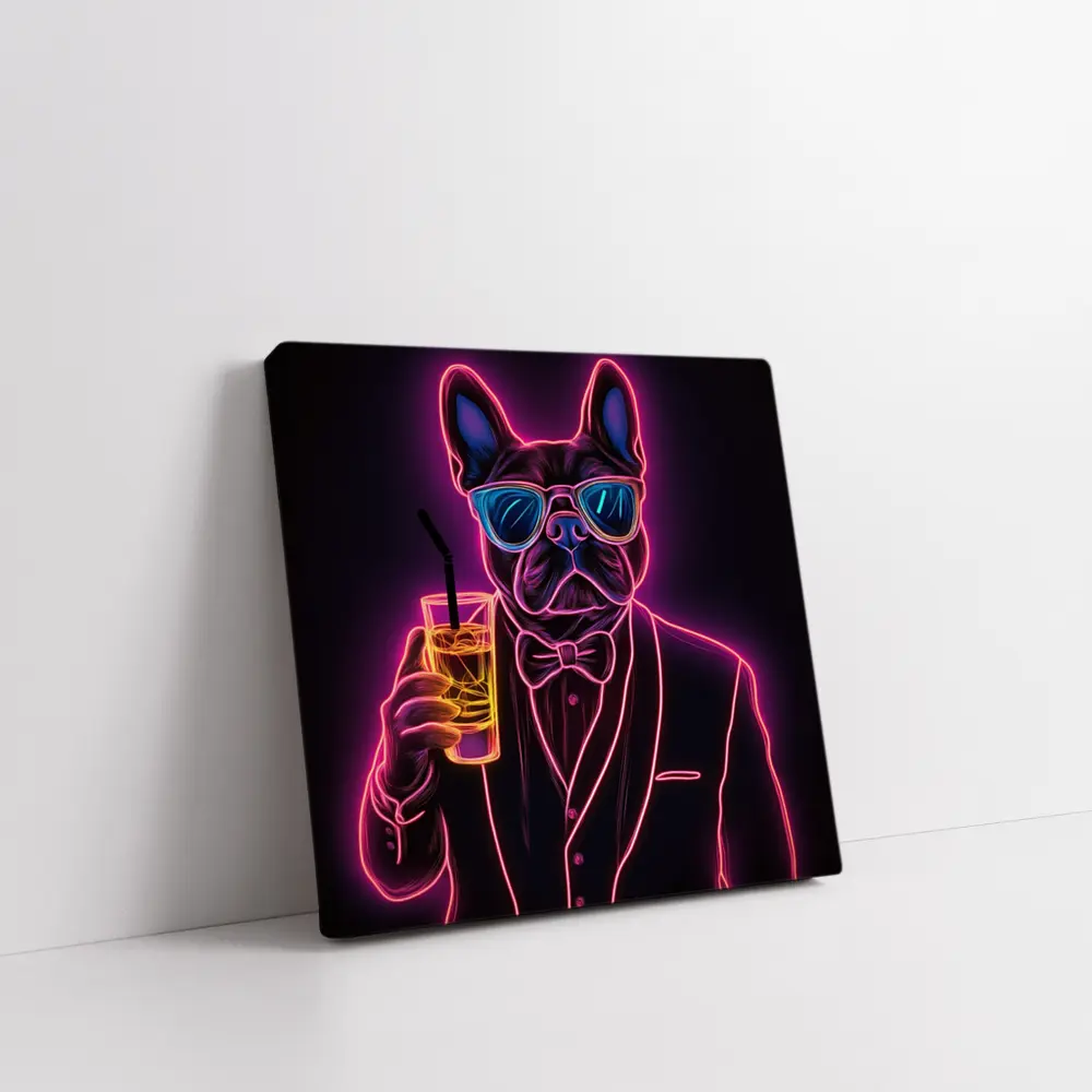Neon French Bulldog Suit Sunglasses Dark Background – Wall Art