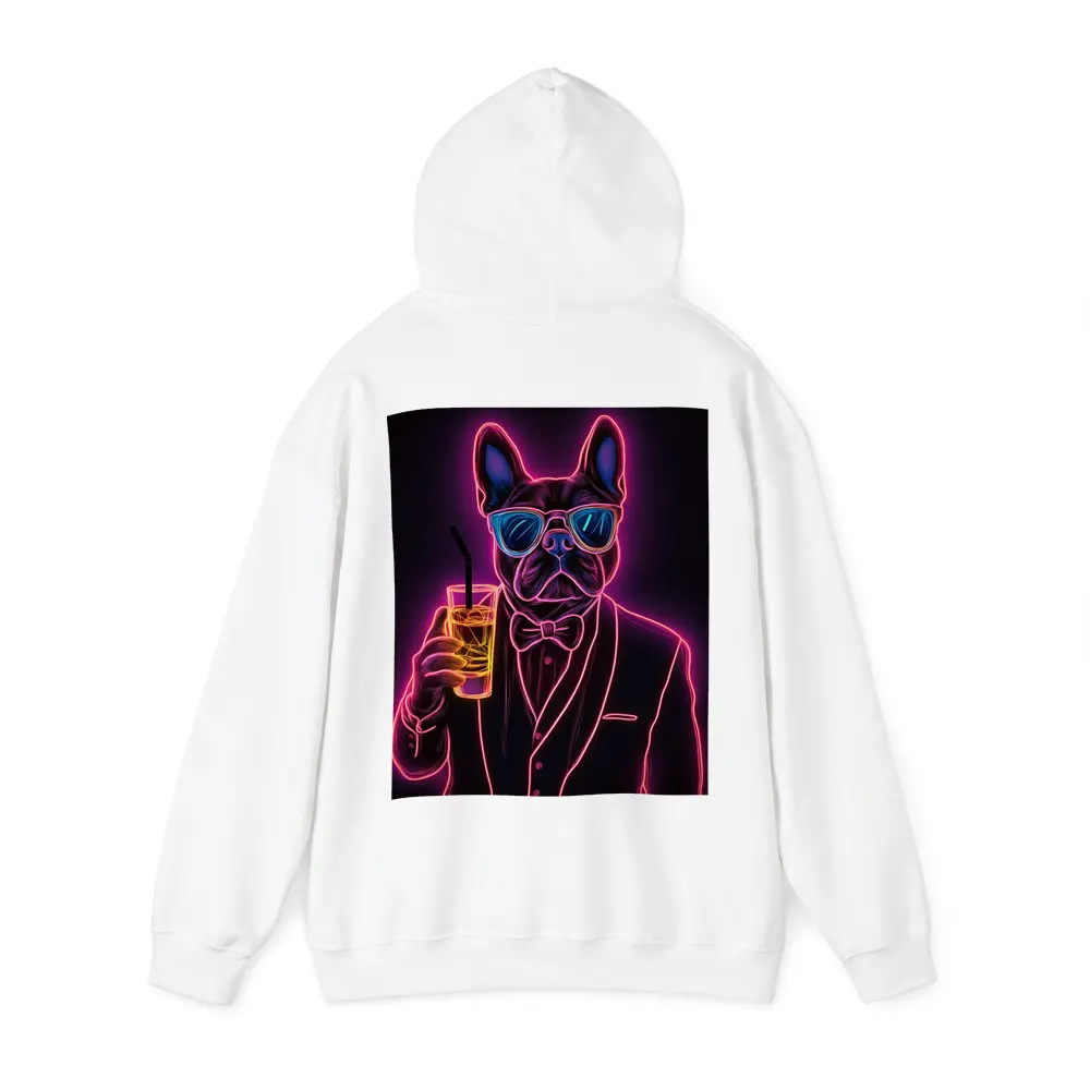 Neon French Bulldog Suit Sunglasses Dark Background – Hoodies