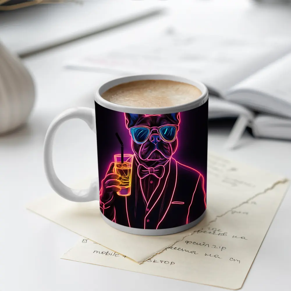 Neon French Bulldog Suit Sunglasses Dark Background – Mugs