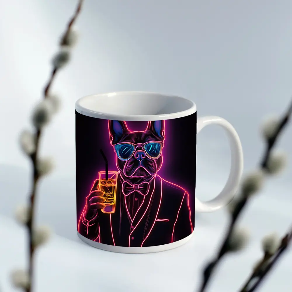 Neon French Bulldog Suit Sunglasses Dark Background – Mugs