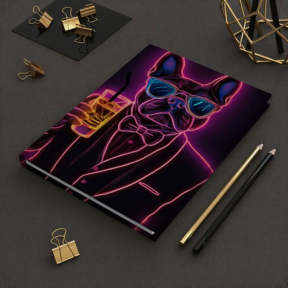 Neon French Bulldog Suit Sunglasses Dark Background – Notebooks