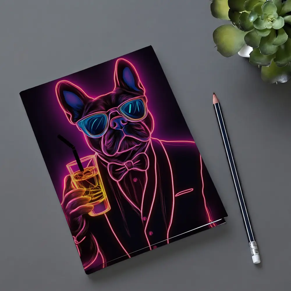 Neon French Bulldog Suit Sunglasses Dark Background – Notebooks