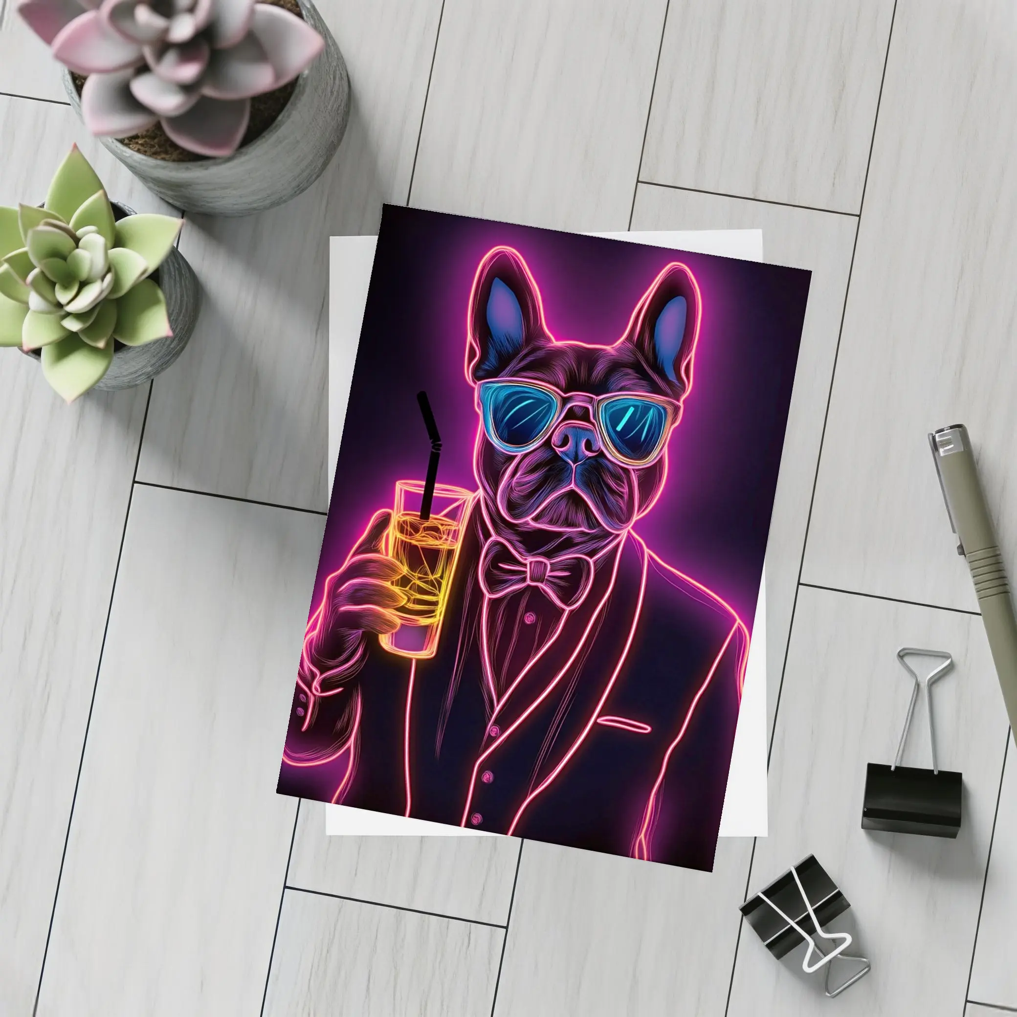 Neon French Bulldog Suit Sunglasses Dark Background – Postcards