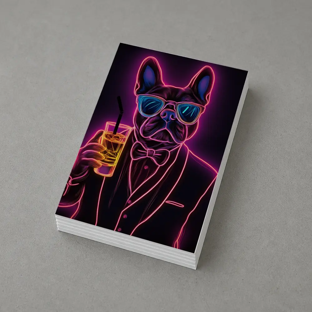 Neon French Bulldog Suit Sunglasses Dark Background – Postcards