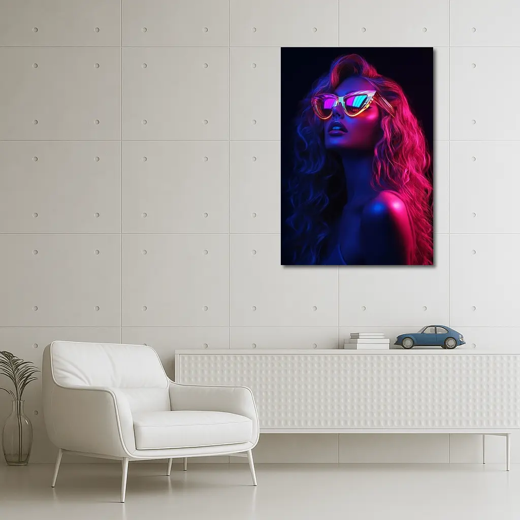 Neon Glow Woman Sunglasses Dark Background – Wall Art