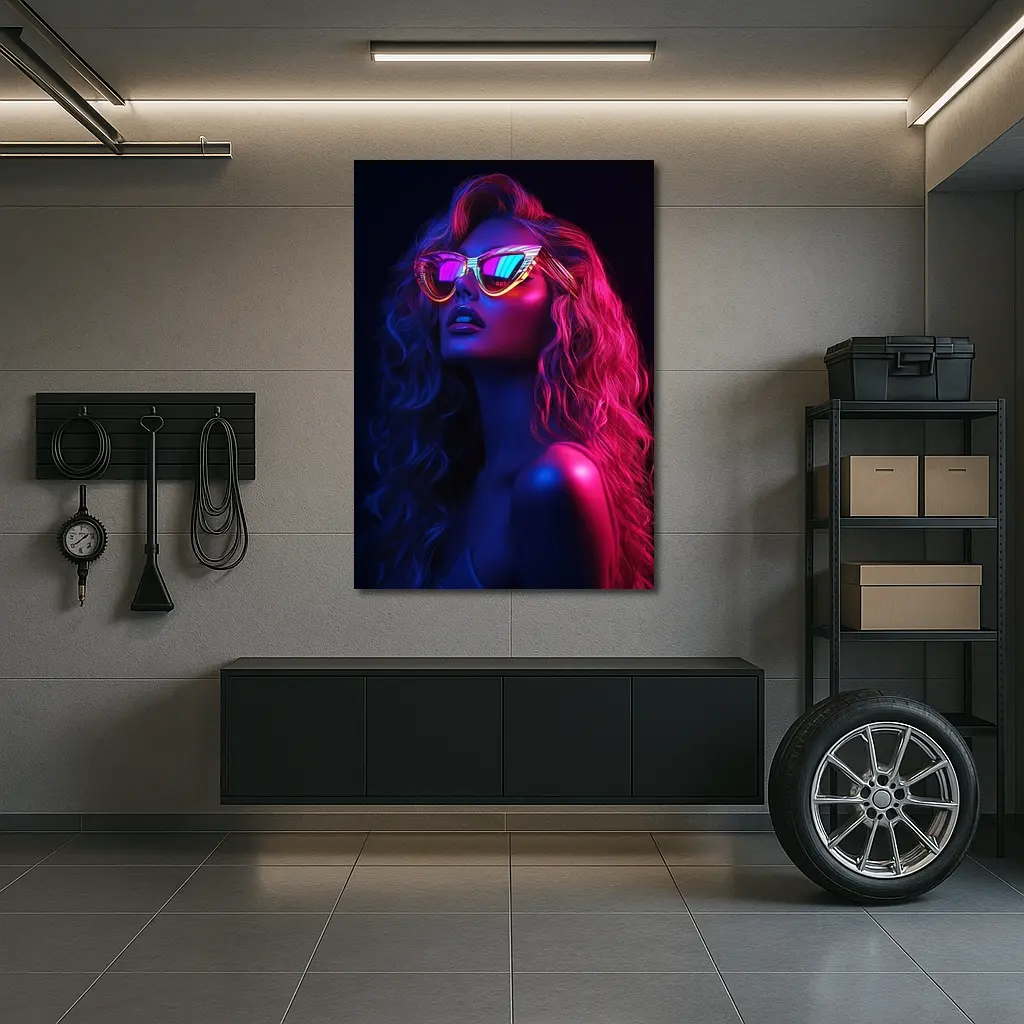 Neon Glow Woman Sunglasses Dark Background – Wall Art