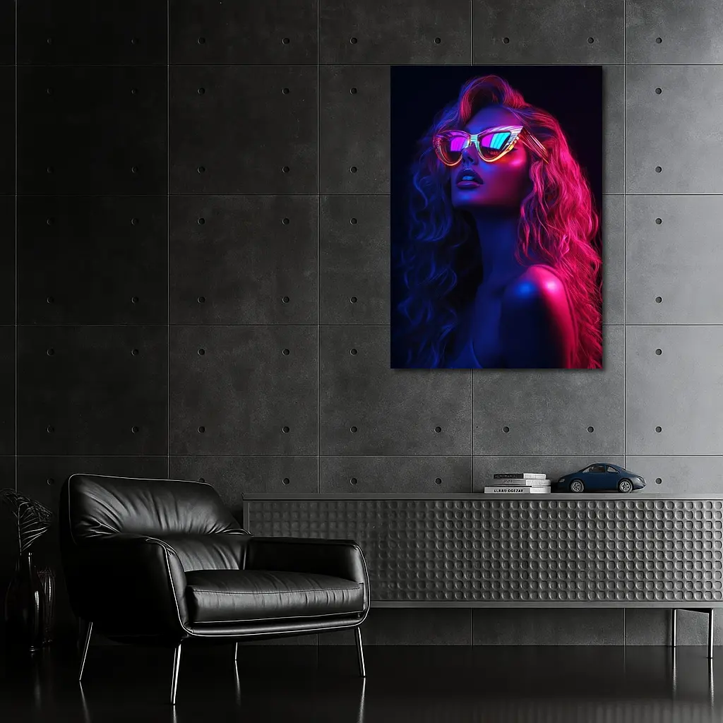 Neon Glow Woman Sunglasses Dark Background – Wall Art