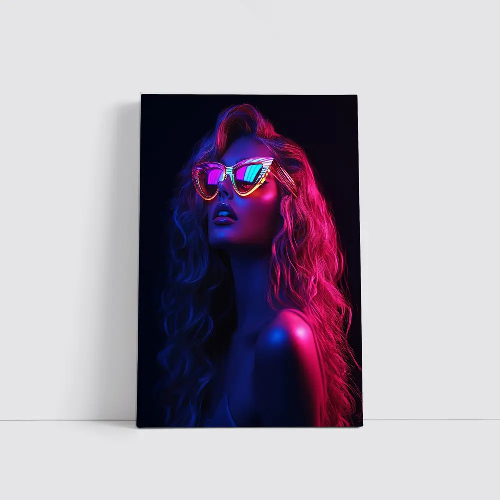 Neon Glow Woman Sunglasses Dark Background – Wall Art
