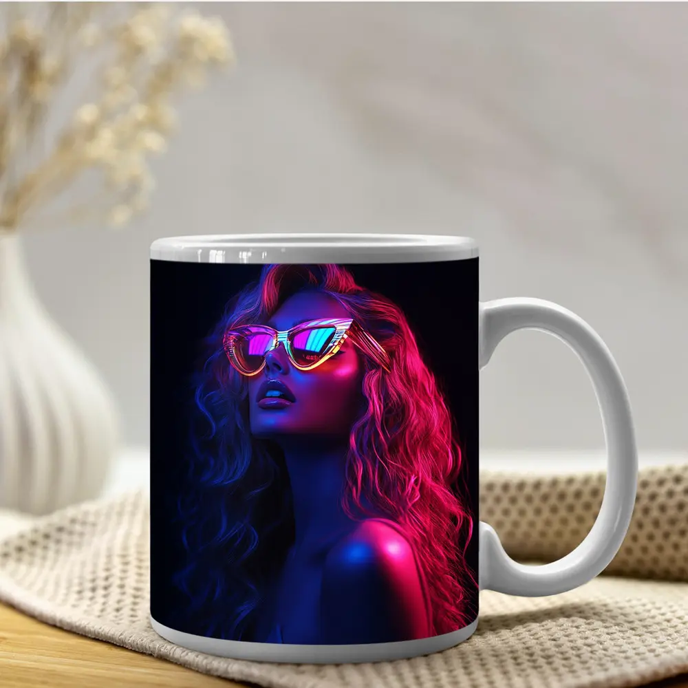 Neon Glow Woman Sunglasses Dark Background – Mugs