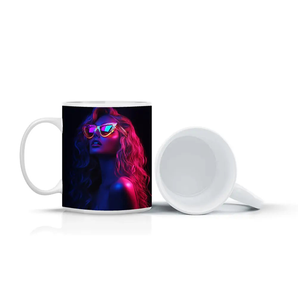 Neon Glow Woman Sunglasses Dark Background – Mugs