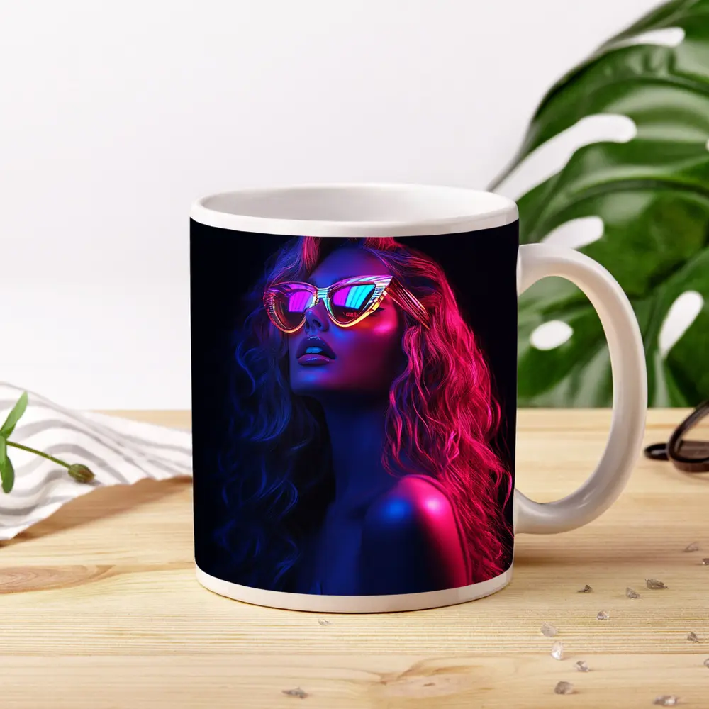 Neon Glow Woman Sunglasses Dark Background – Mugs