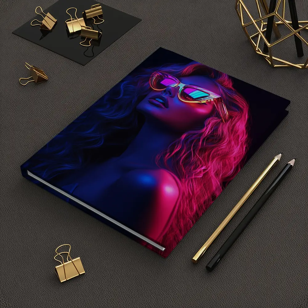Neon Glow Woman Sunglasses Dark Background – Notebooks