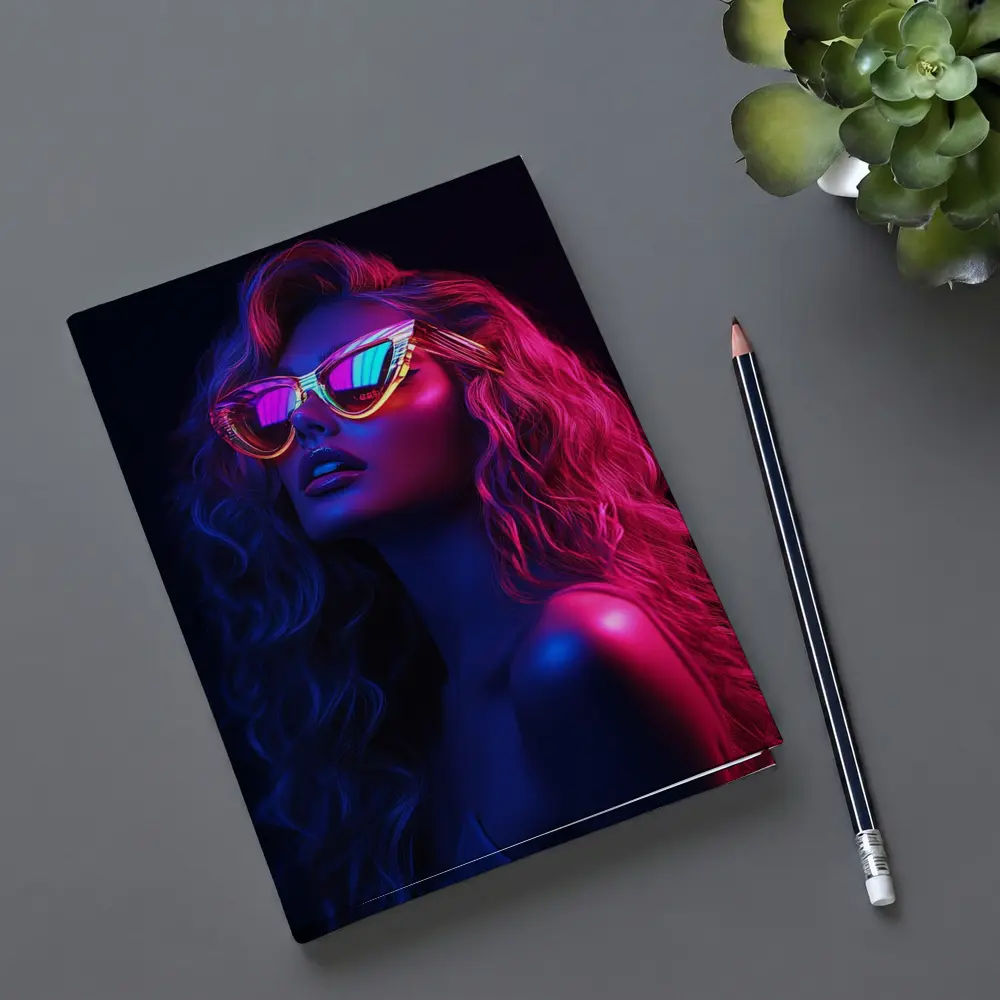 Neon Glow Woman Sunglasses Dark Background – Notebooks