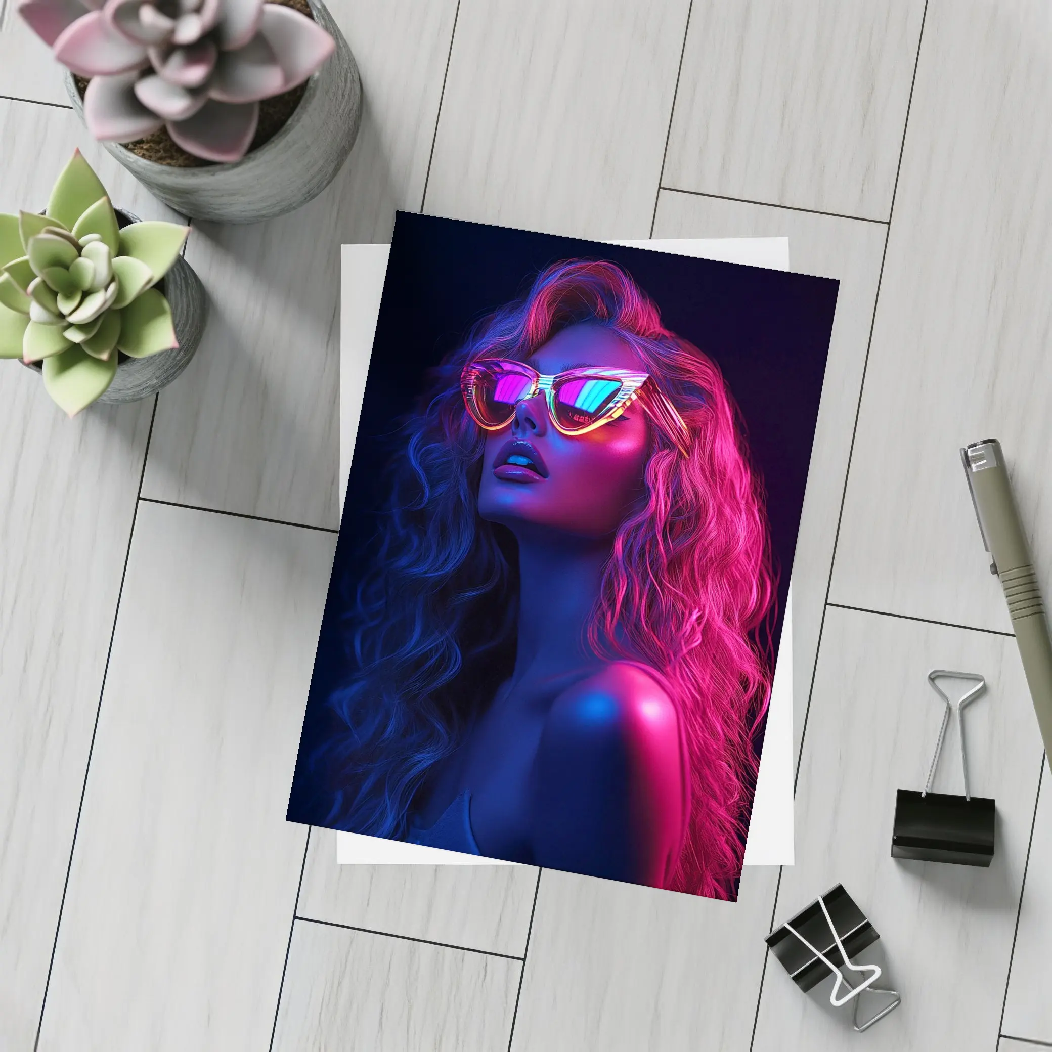 Neon Glow Woman Sunglasses Dark Background – Postcards