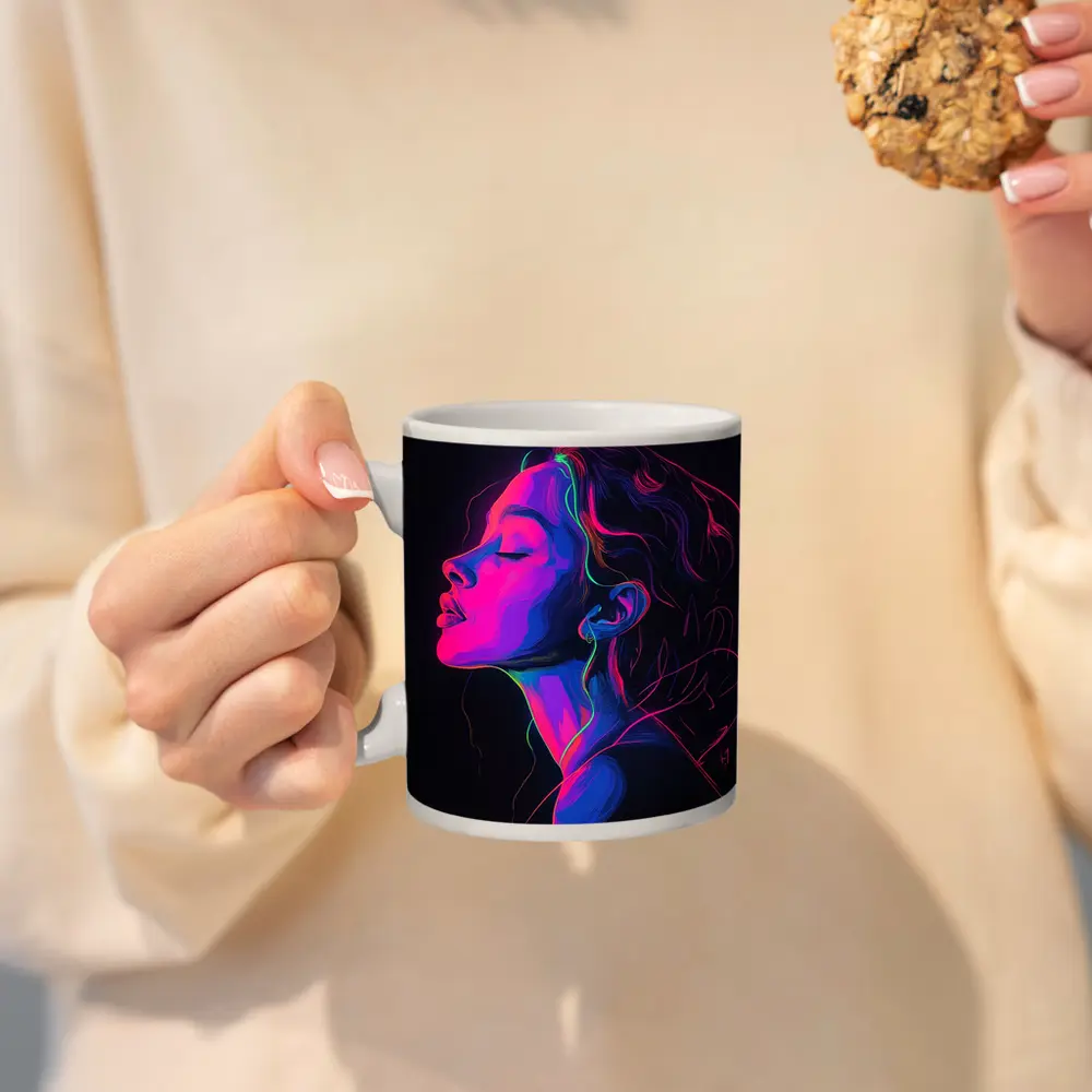 Neon Woman Portrait Dark Background Illustration – Mugs