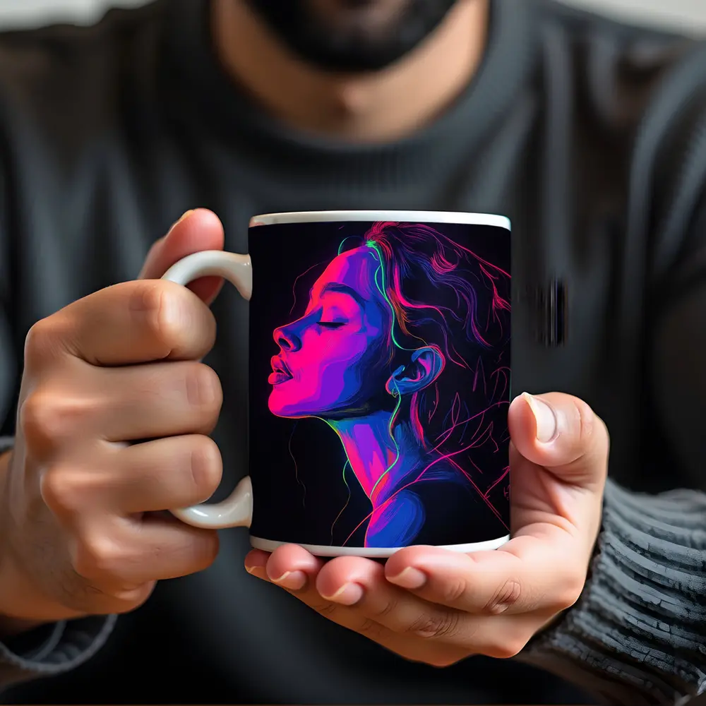 Neon Woman Portrait Dark Background Illustration – Mugs
