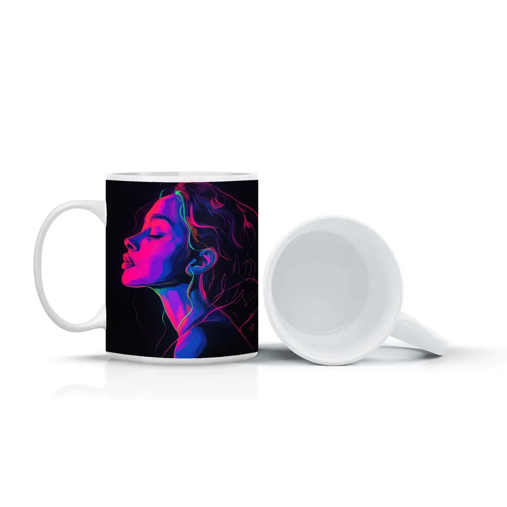 Neon Woman Portrait Dark Background Illustration – Mugs
