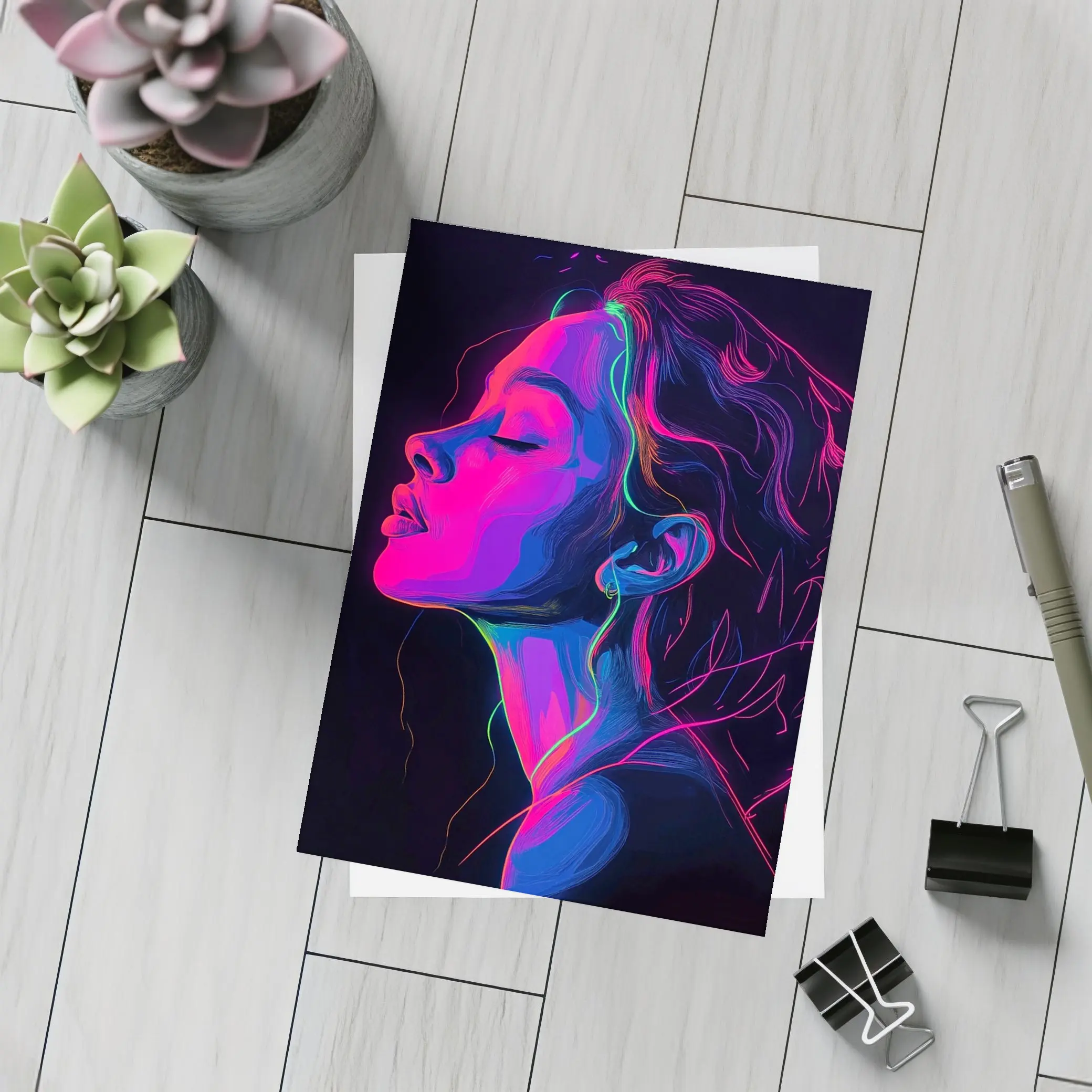 Neon Woman Portrait Dark Background Illustration – Postcards