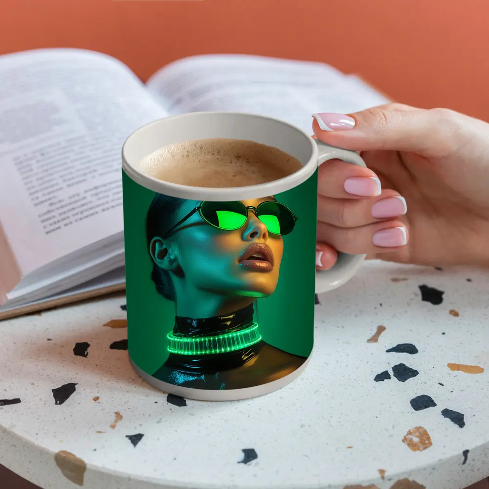 Neon Green Woman Portrait Cyberpunk Style – Mugs